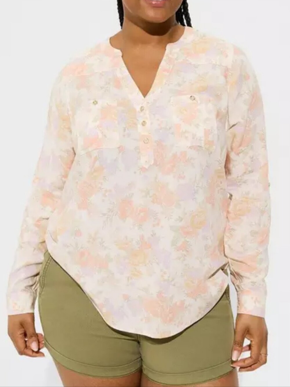 Torrid Plus Size 4x: Harper Challis Floral Long-Sleeve Blouse -Soft Peach Floral